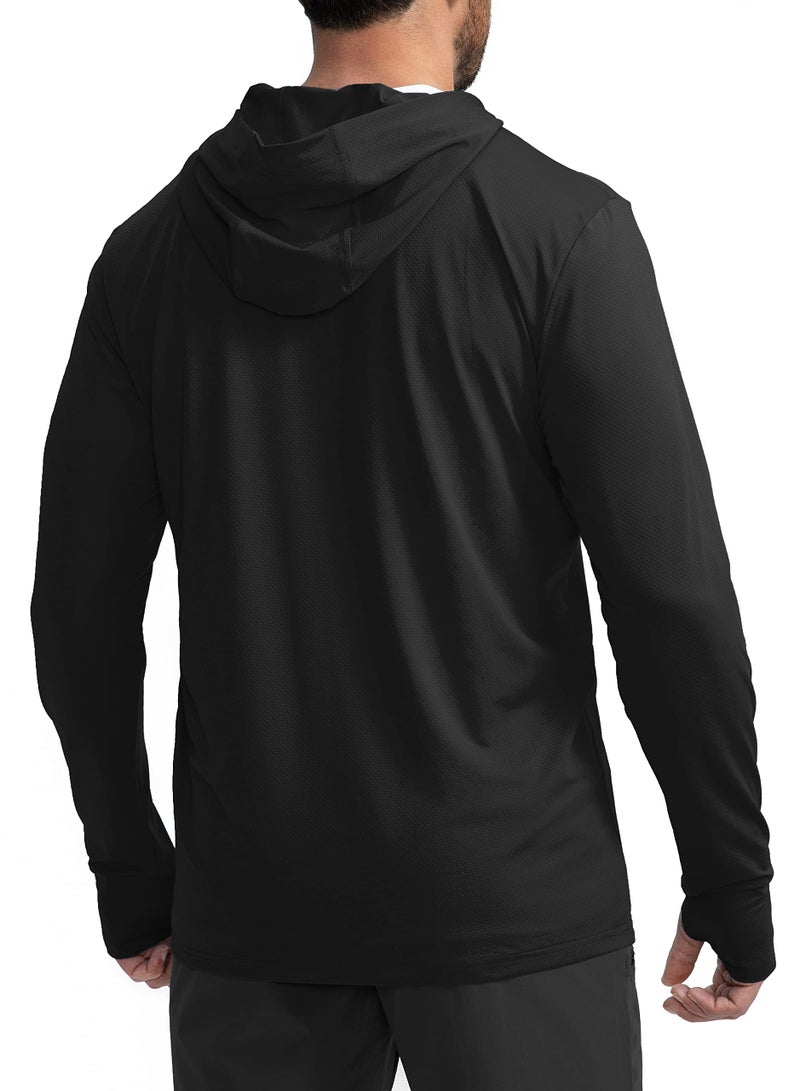 Sejuani Men's UPF 50+ Light Jacket Full Zip Sun Protection Hoodie Long Sleeve Sun Shirts for Men Hiking Fishing Zip Pockets(Black_XL) - Image 2